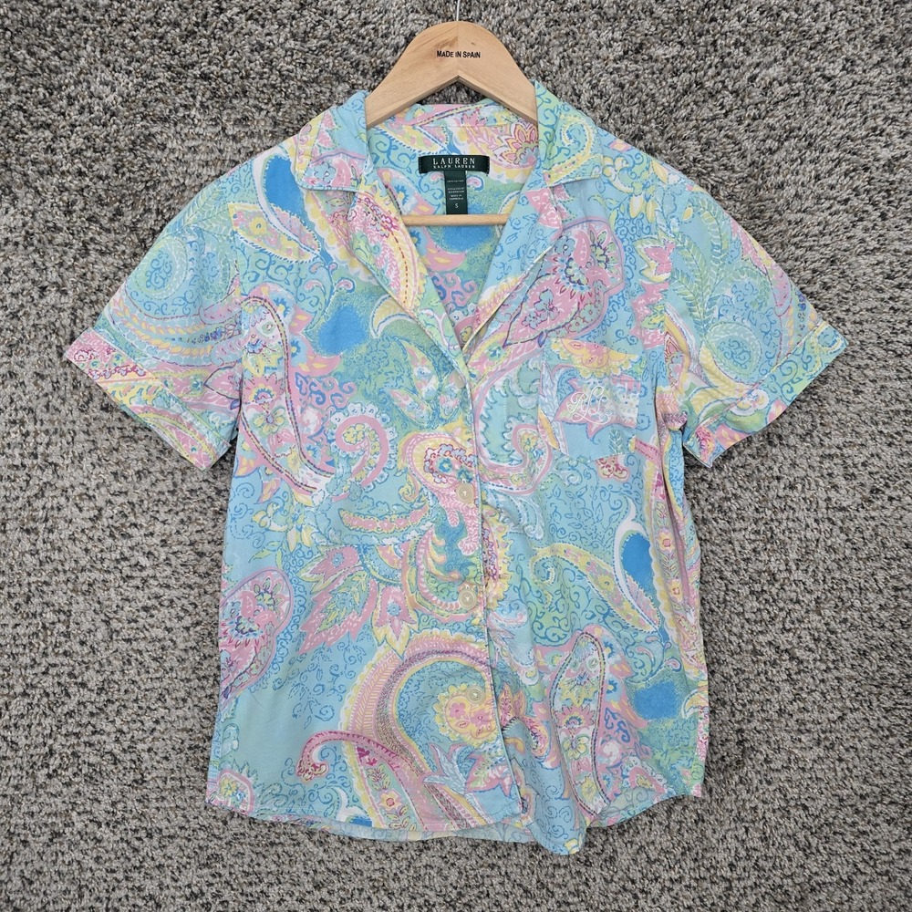 Lauren‎ Ralph Lauren Pajama Top Womens Small Blue Paisley Print Button Up VTG